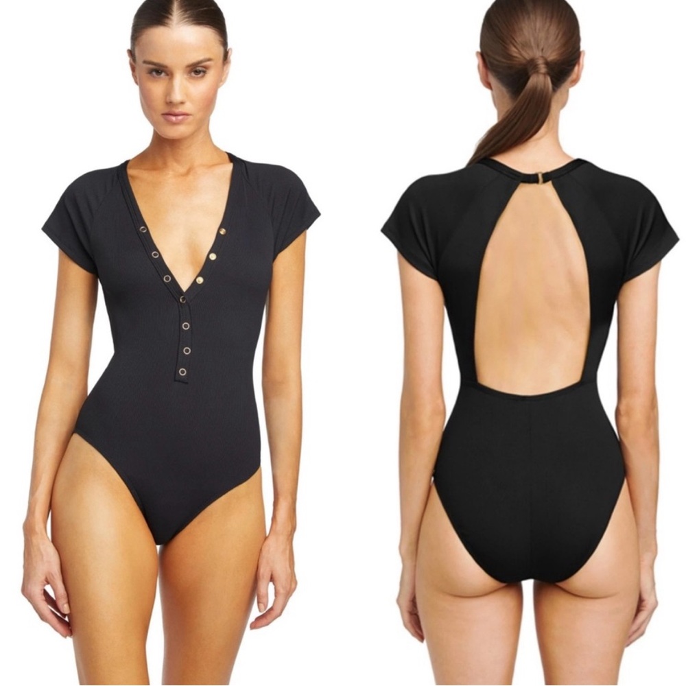 Robin Piccone Black Amy Snap-Front One-Piece Swimsuit Size 12